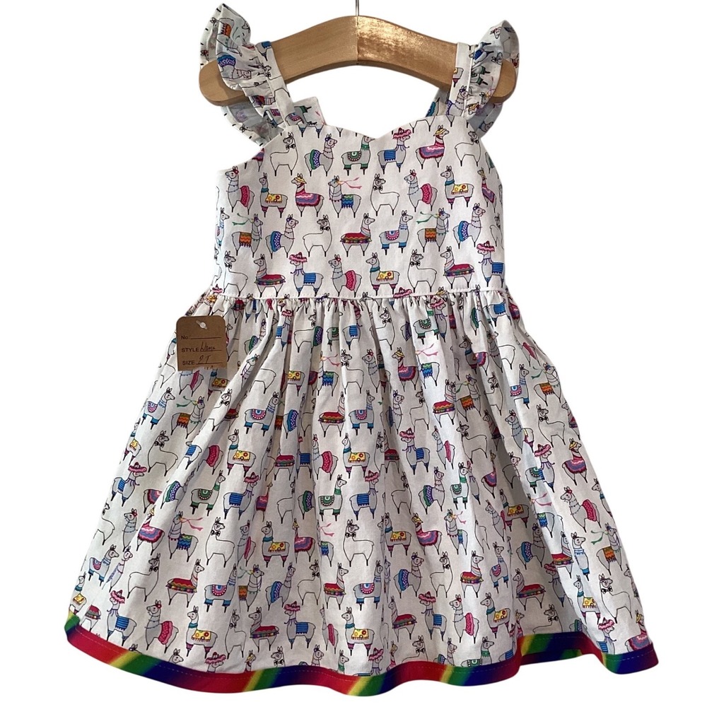 NWT 2T Llama Print Dress Ruffle Strap Bow Back Cotton Rainbow Hem Handmade